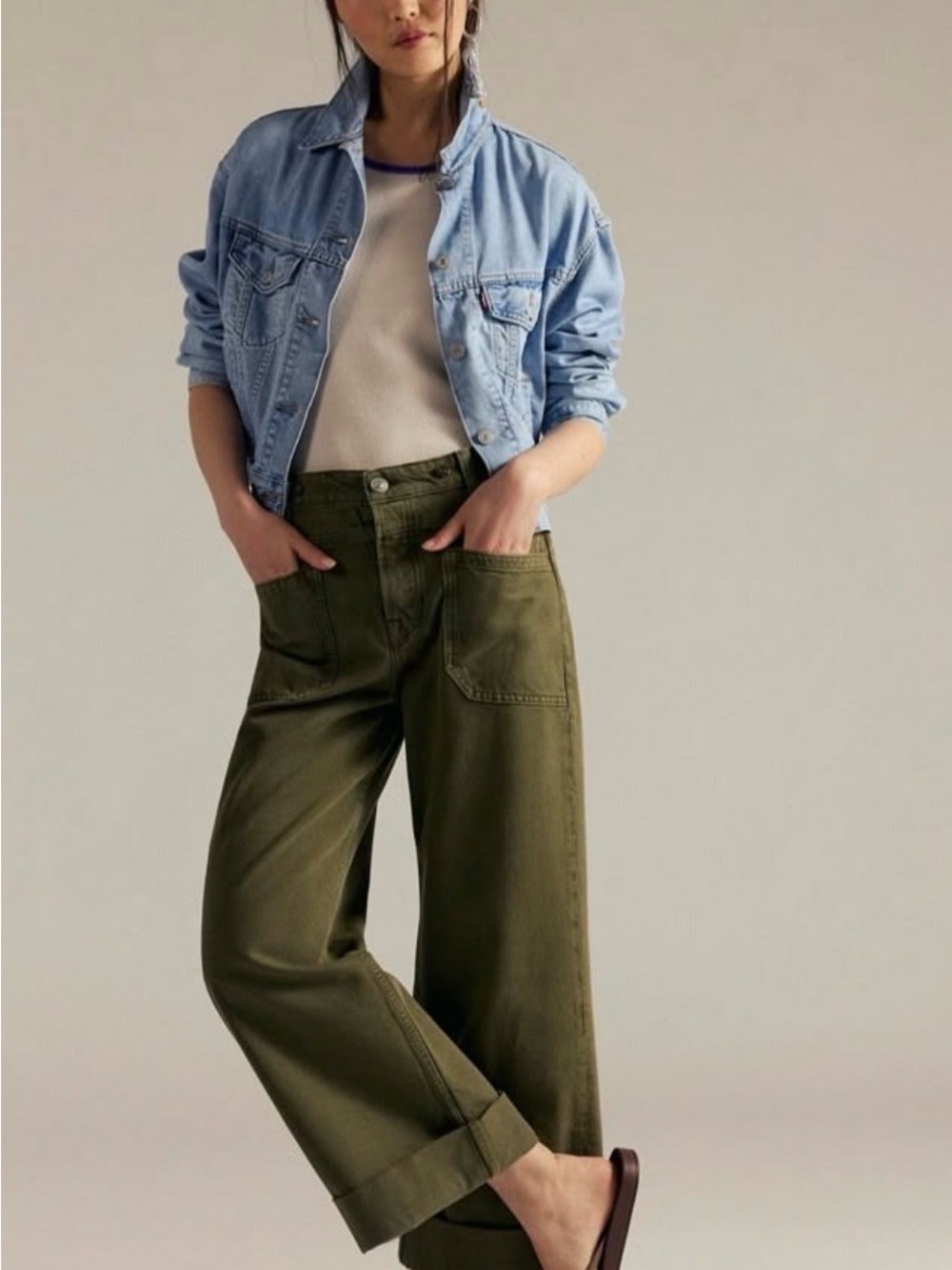 Free People We The Free Olive Utility Wide Leg Jeans Sz 26